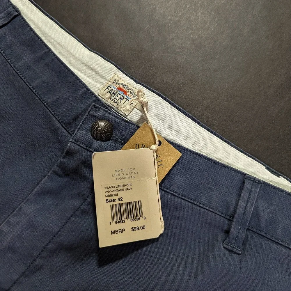 Faherty Island Life Shorts Size 42 Organic Cotton Blue Men`s Chino